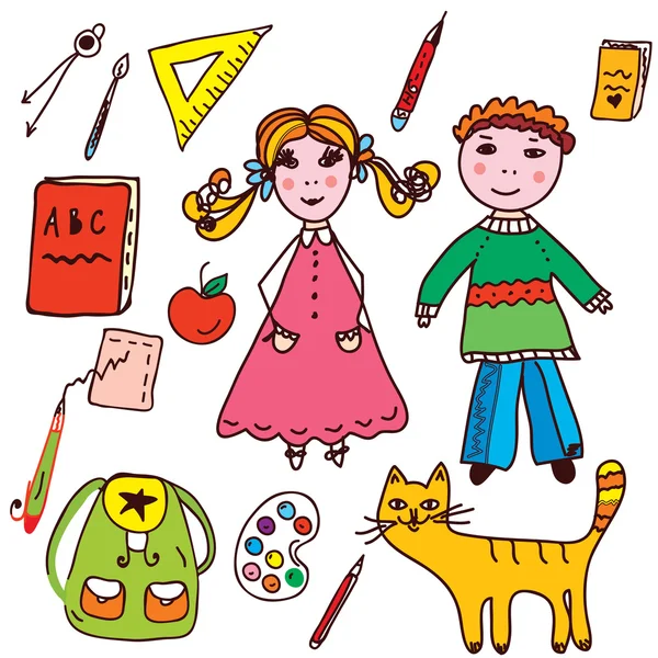 Ensemble scolaire - enfants et objets — Image vectorielle