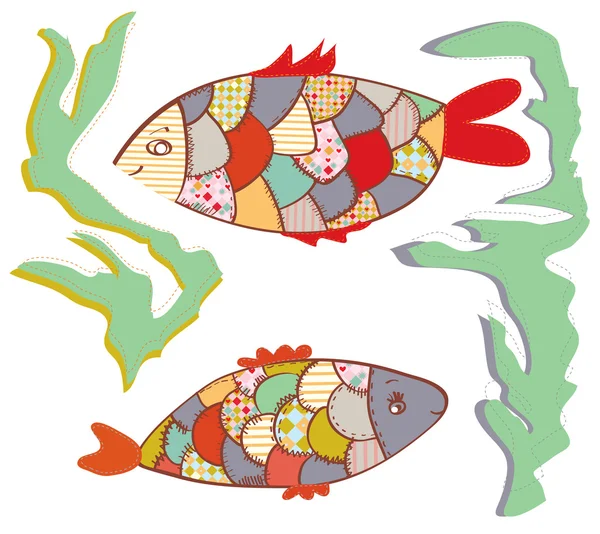 Patchwork-Fische im Wasser lustig — Stockvektor