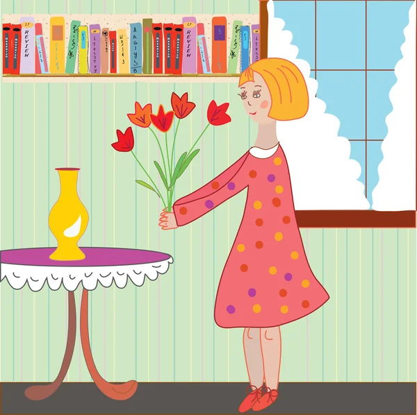 Girl child arranging flowers in the room — Stock Vector