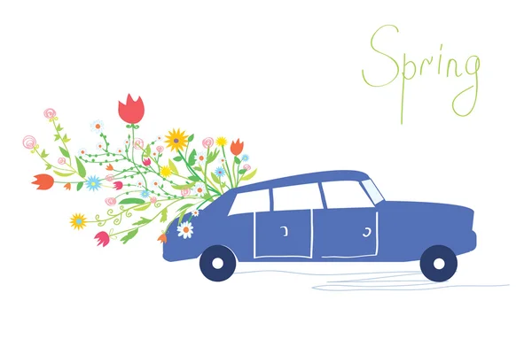 Car and flowers spring card retro — Stock Vector