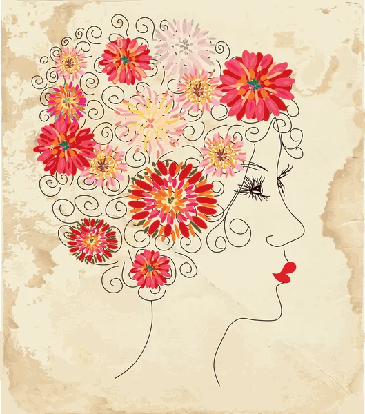 Moda menina cabeça floral no papel —  Vetores de Stock