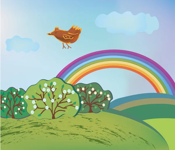 Frühlingslandschaft mit Regenbogen und Vogel — Stockvektor