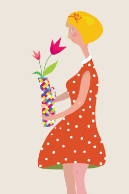 retro çiçek vazo ile kız