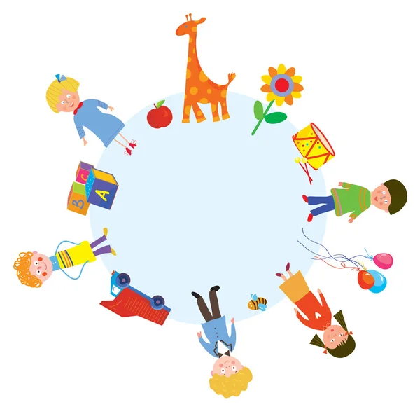 Niños y juguetes en el círculo — Vector de stock