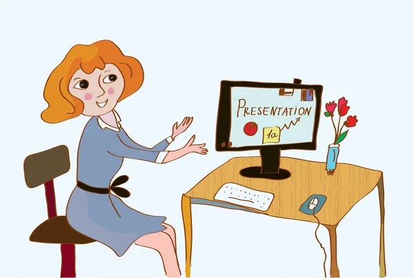 Femme à l'ordinateur faisant la présentation — Image vectorielle