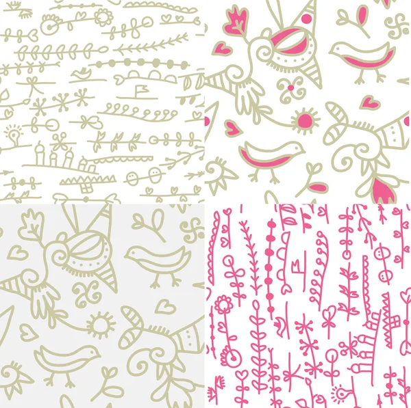 Ensemble de motifs floraux sans couture avec des oiseaux — Image vectorielle