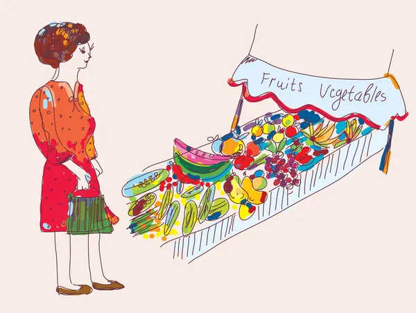 Mujer en el mercado de frutas y verduras — Vector de stock