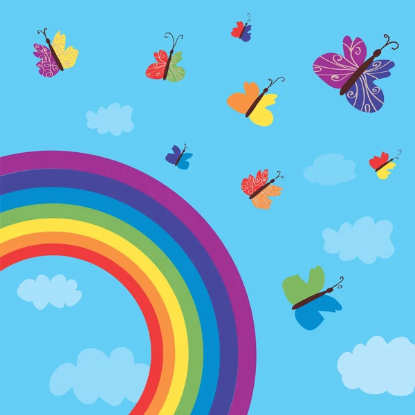 Regenboog en vlinders achtergrond grappig — Stockvector