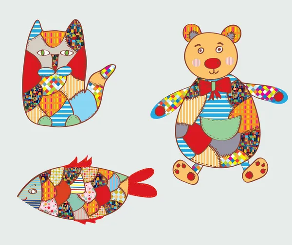 Patchwork toys - cat, fish, bear — Stock Vector