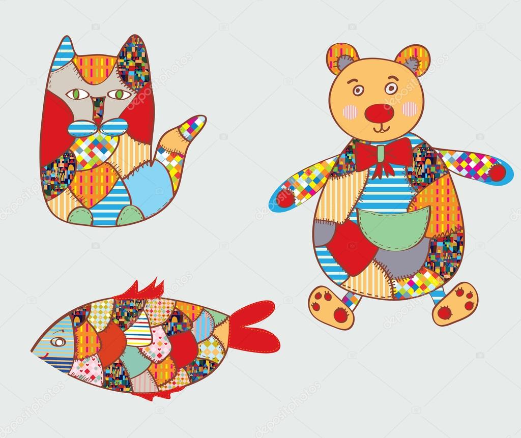 Patchwork toys - cat, fish, bear
