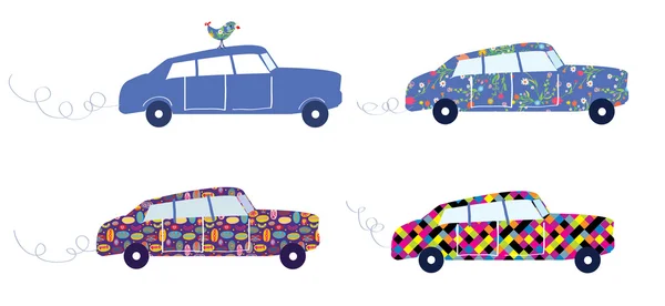 Funny cars with patterns set cute — Stock Vector