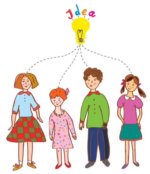 Grupo de niños con bulbo de ideas — Vector de stock