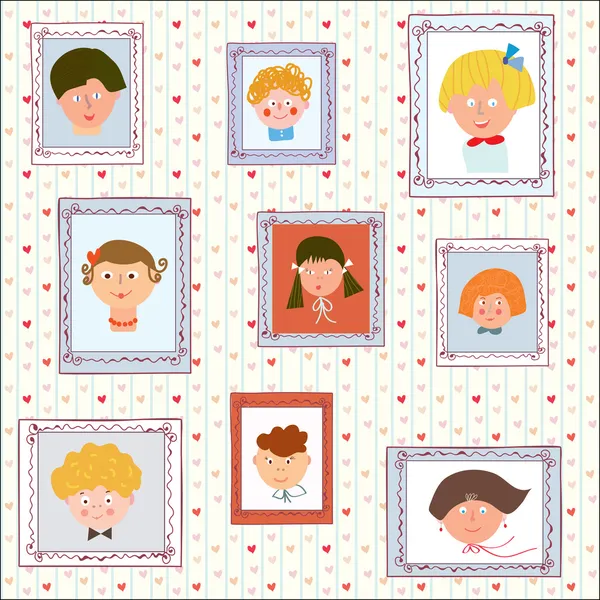 Kids portraits on the wall gallery — Stock Vector