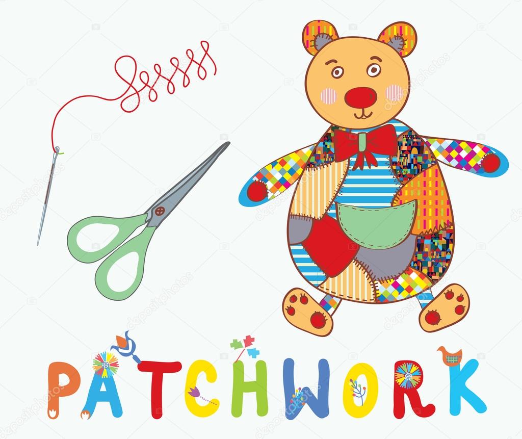 Patchwork background with teddy bear, needle and label cartoon