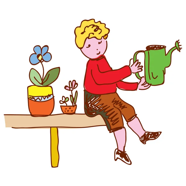 Kid watering flowers at home — Stock Vector