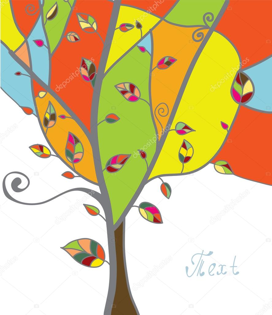 Autumn tree greeting card with leaves