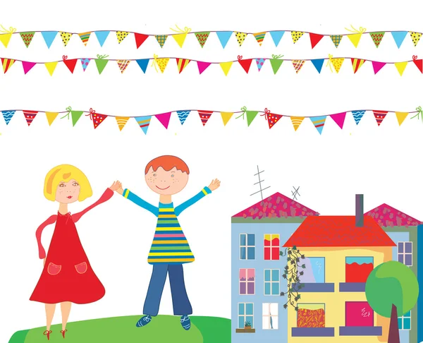 Bambini al cartone animato vacanza con bandiere — Vettoriale Stock