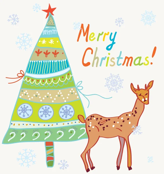 Christmas card with tree and deer funny — Stock Vector