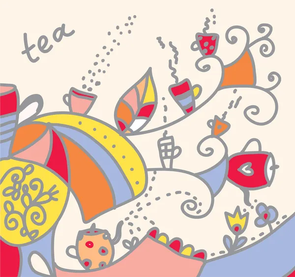 Fondo de té con tazas y flores — Vector de stock