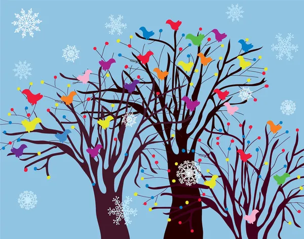 Fundo de Natal com árvores, pássaros e neve — Vetor de Stock