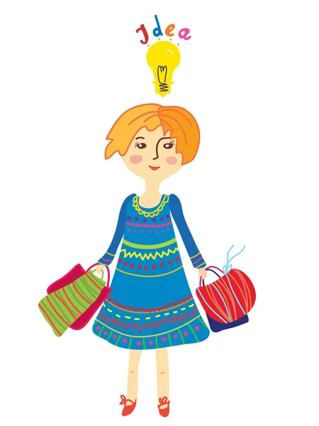 Девушка делает покупки с идеей лампочки — стоковый вектор