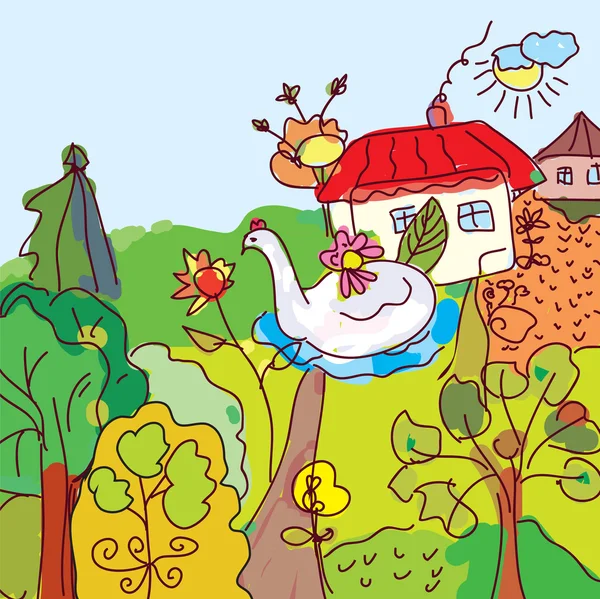 Kid kresba krajiny, dům, stromy z pohádky — Stockový vektor
