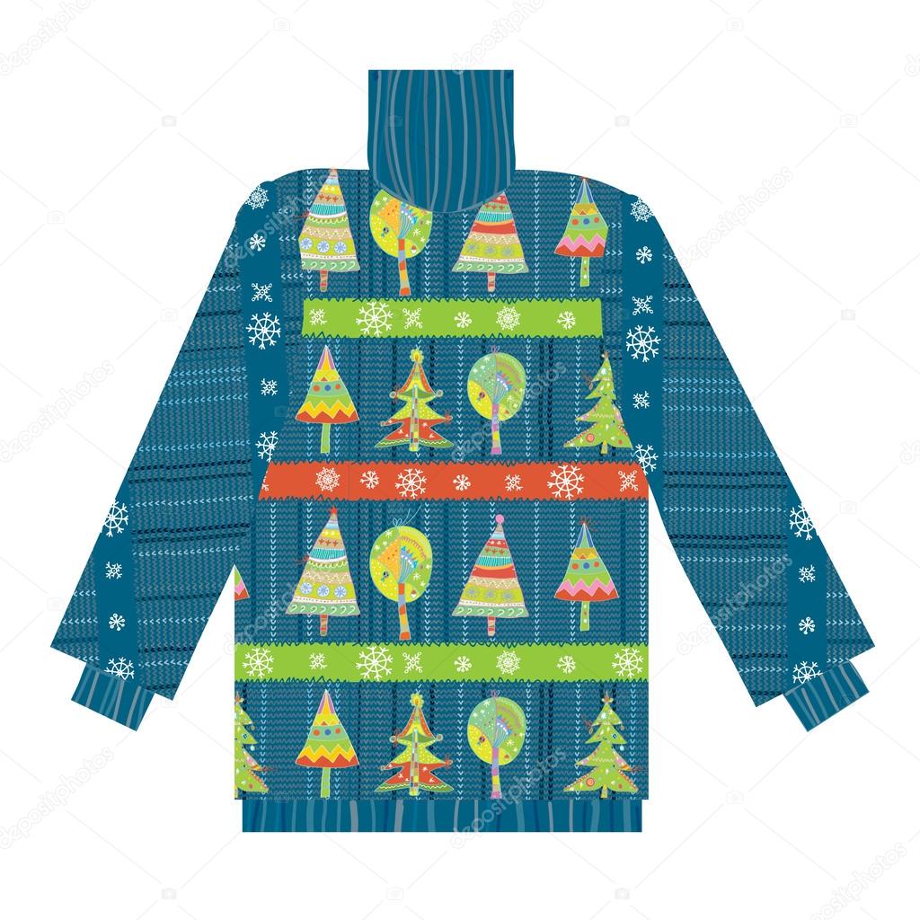 Christmas sweater knitted pattern with trees and snow