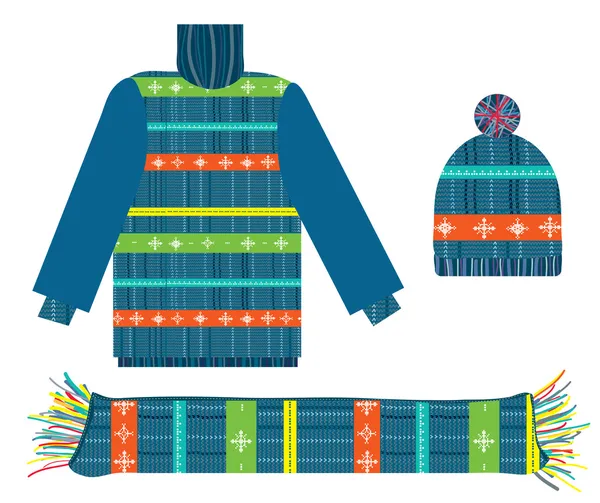 Gebreide trui, sjaal en muts voor Kerstmis — Stockvector