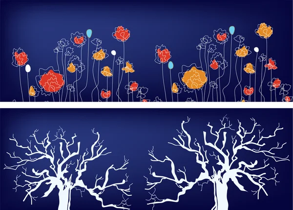 Bannières florales avec arbres et herbe ethnique — Image vectorielle