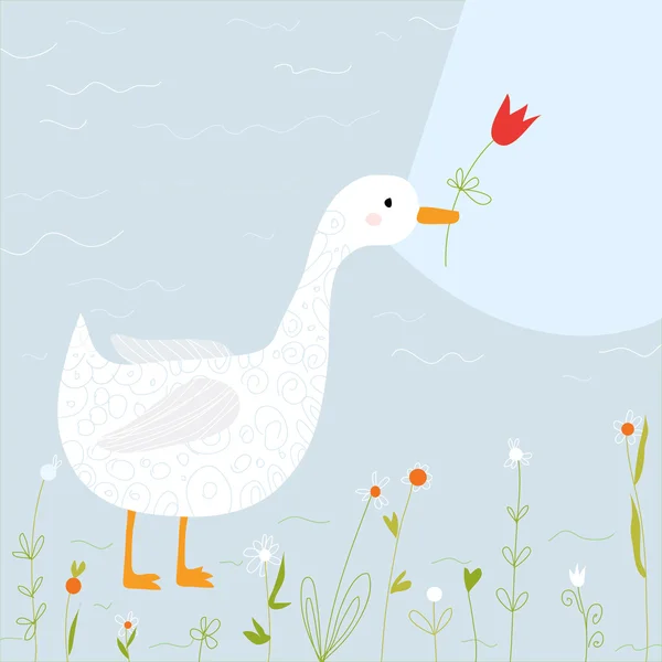 Tarjeta de felicitación de primavera con ganso y flores — Vector de stock