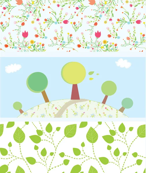 Frühlingsbanner mit Blumen, Bäumen, Blättern, Mustern — Stockvektor