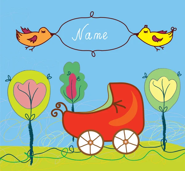 Baby-Geburtskarte mit Kinderwagen und Bäumen und Rahmen — Stockvektor
