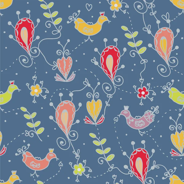 Motif floral sans couture avec des oiseaux, motifs ethniques — Image vectorielle