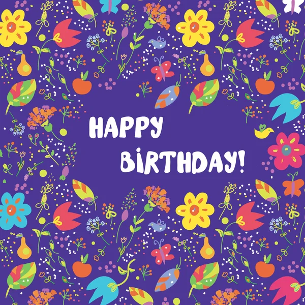 Χαρούμενα γενέθλια κάρτα με λουλούδια πλαίσιο — Διανυσματικό Αρχείο