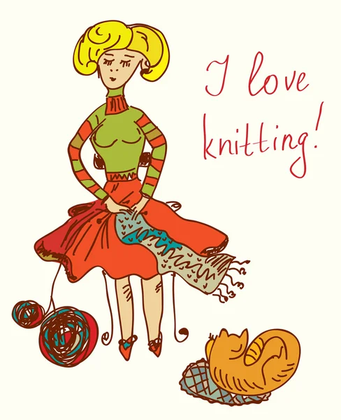 Eu amo tricô cartão com mulher engraçada — Vetor de Stock
