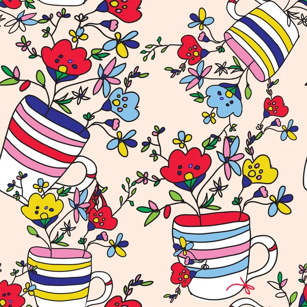 Blumen nahtlose Muster mit Blumen, Vase, Tasse für den Urlaub — Stockvektor
