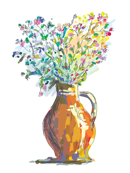 Vase et croquis de fleurs pour carte de vœux — Image vectorielle