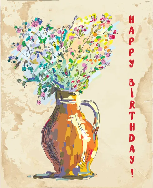 Κάρτα γενεθλίων με λουλούδια και vase ρετρό — Διανυσματικό Αρχείο
