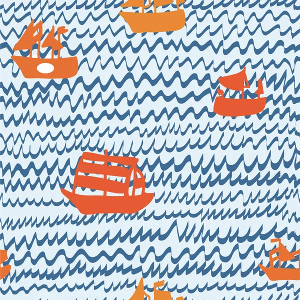 大海和帆船船无缝模式手绘 — 图库矢量图片