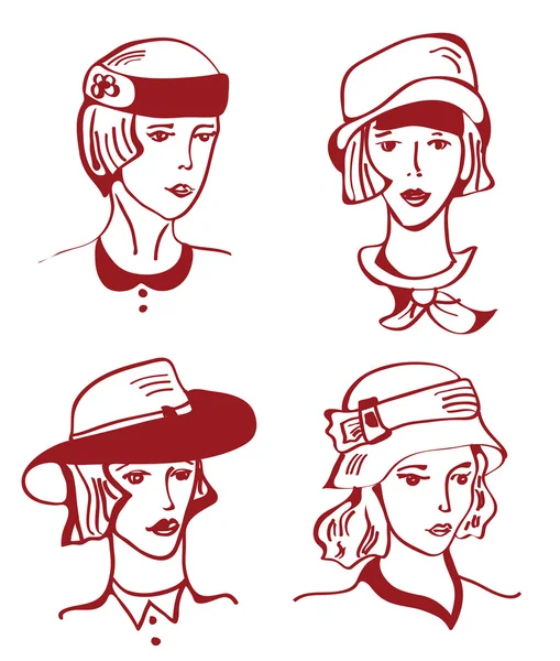 Retro donna in cappelli disegno disegnato a mano — Vettoriale Stock