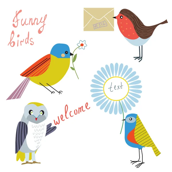 Lustiger Vogel mit Botschaft, Blumen, Briefen — Stockvektor