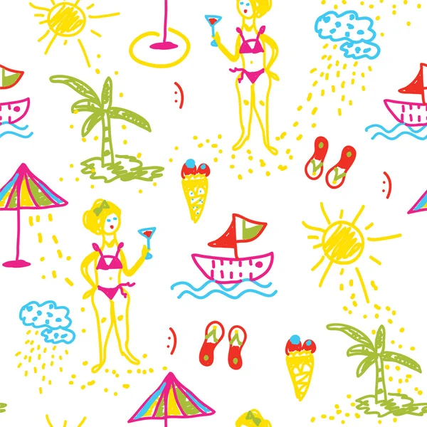 Funny beach seamless pattern hand drawn design — Stock Vector