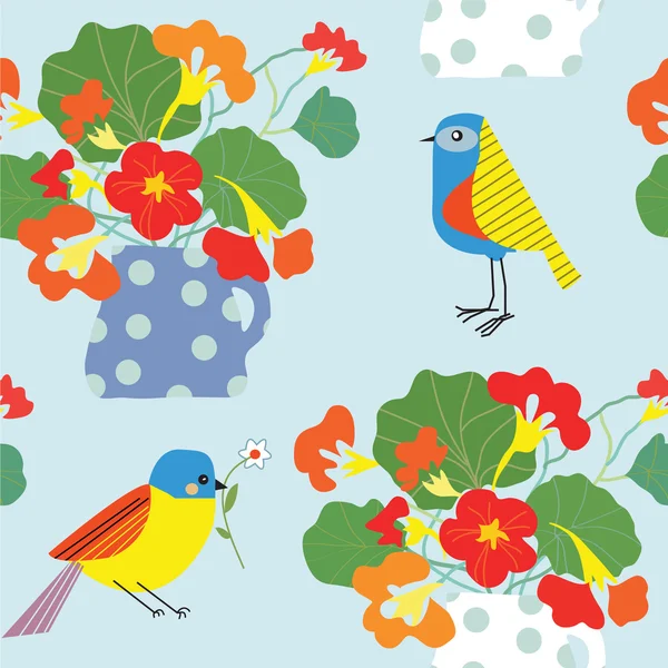 Bird and flowers pot seamless pattern cute retro — Stock Vector