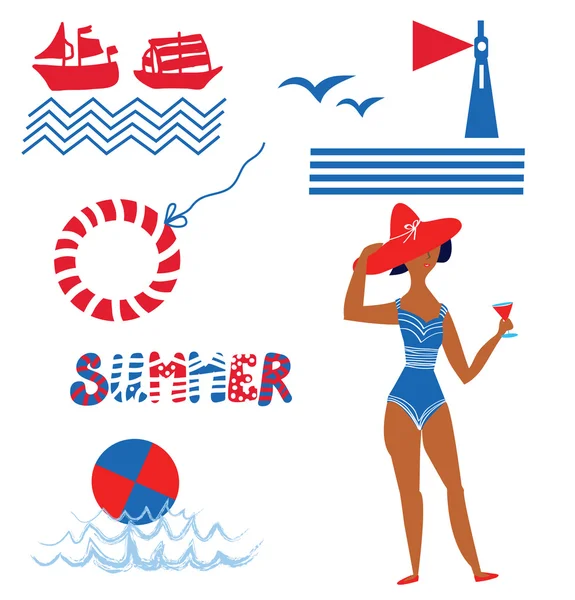 Mar y playa conjunto de iconos divertidos — Vector de stock