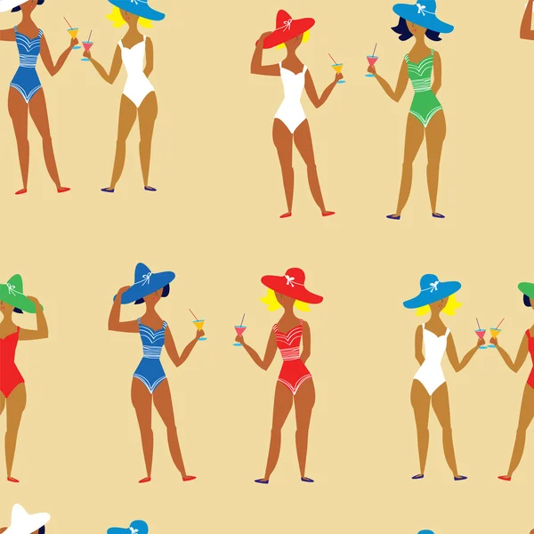 Plage, fille et cocktails motif sans couture drôle — Image vectorielle