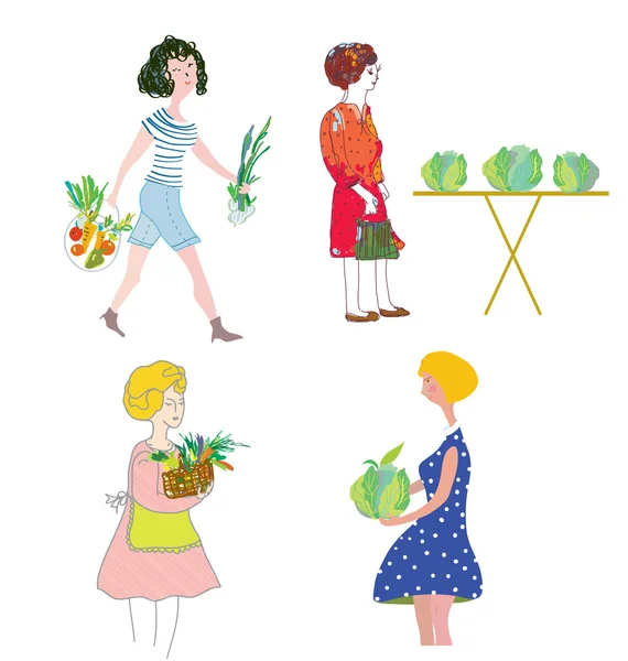 Mulheres com compras de legumes — Vetor de Stock