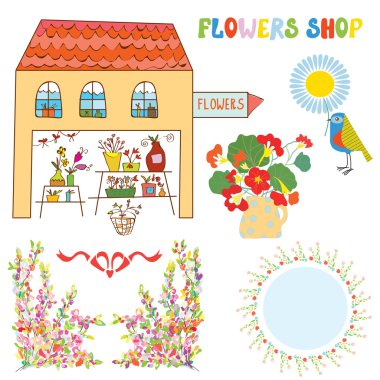çiçek shop için - set vazo, bunchs, çerçeveler, yay