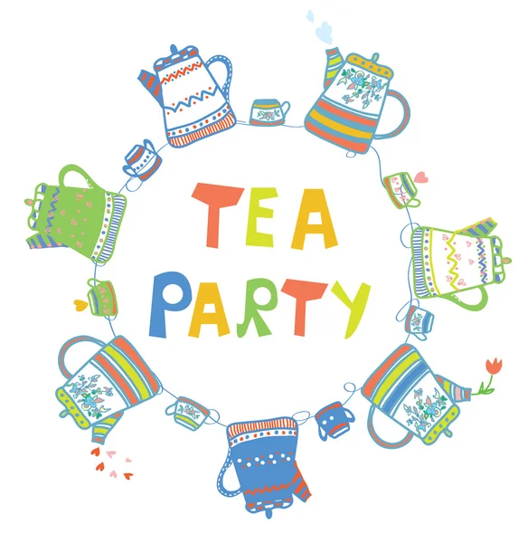 Tea party card with pots and cups cute — Stock Vector