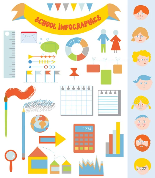 School infographic set with icons, faces, frames — Stock Vector