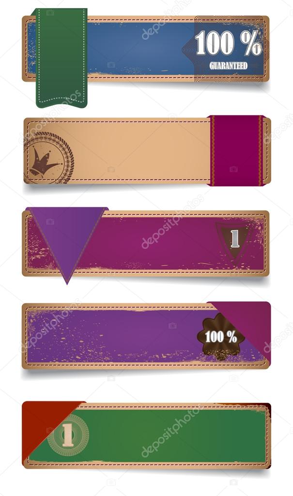 A set of promo cardboard paper banners with ribbon tags.